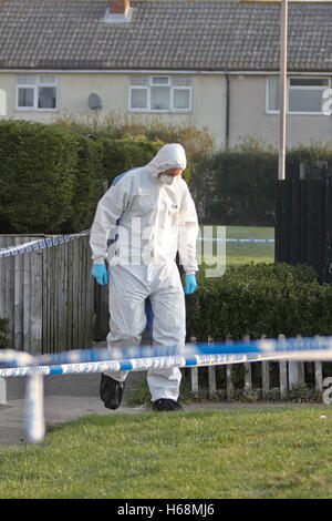 Ein forensische Offizier untersucht die Szene eines ungeklärten Todes in Argyle Avenue, Aylesbury Stockfoto