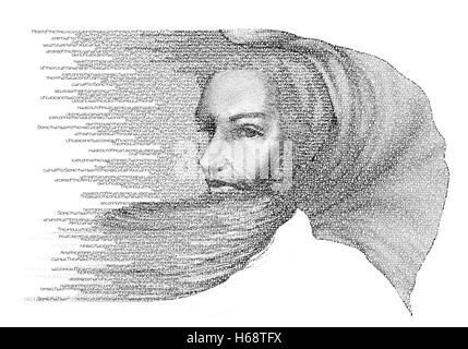 Porträt von weiser digitale Typografie Illustration von Holly Mann mit Draper auf seinem Kopf und auf der Suche hinter Stockfoto