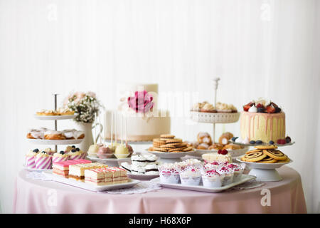 Tisch mit jede Menge Kuchen, Muffins, Cookies und Cakepops. Stockfoto