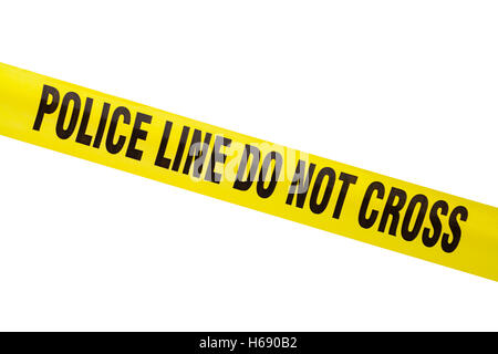 Gelbe Polizei Linie Cordon Tape, Isolated on White. Stockfoto