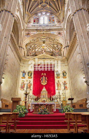 SALAMANCA, Spanien, APRIL - 16, 2016: Das Heiligtum der neuen Kathedrale (Catedral Nueva) mit der Statue der Annahme Stockfoto