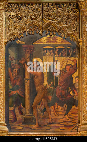 AVILA, Spanien, APRIL - 18, 2016: Die Malerei von der Geißelung auf dem Hauptaltar der Catedral de Cristo Salvador Stockfoto