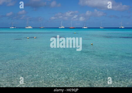 Meeresblick von einer tropischen Lagune mit türkisblauem Wasser und Boote verankert, Pazifik, Atoll Rangiroa, Tuamotu, Polynesien Stockfoto