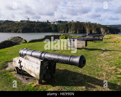 Vier 9 Pounder Gewehren in den Ruinen von Fishguard Fort erbaut 1781 zum prosperierenden Hafen Blick in Pembrokeshire South Wales UK über Fishguard Bucht Schutz Stockfoto