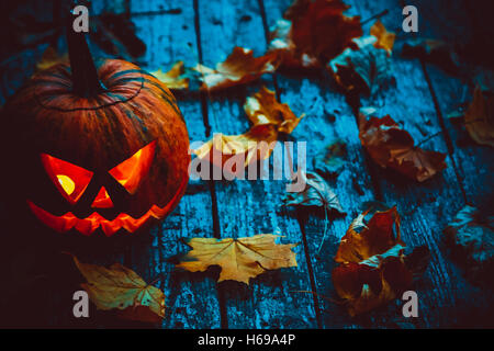 Leuchtende Kürbis symbolisieren die Leiter der alten Jack, mit Herbstlaub auf Holz- Hintergrund. Soft Focus. seichte dof Stockfoto