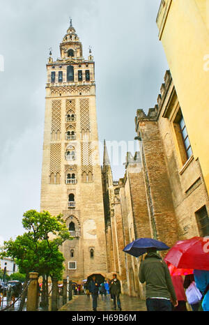 Die Giralda ist eine ehemalige Minarett, die zu einem Glockenturm für den Dom St. Marien des Stuhls umgebaut wurde Stockfoto