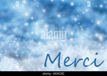 Funkelnde Weihnachten Hintergrund, Schnee, Danke Merci Mittel Blau Stockfoto