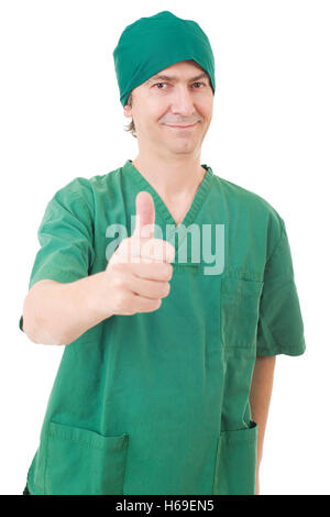 Glücklich Pfleger zeigt Daumen oben, isoliert Stockfoto
