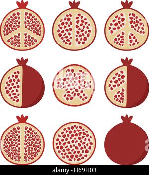 Vektor-Set von stilisierten Granatapfel-Schnitten, vegetarische Ernährung Symbole Stock Vektor