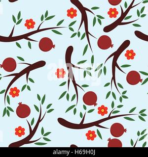 Vektor nahtlose Granatapfel Hintergrundmuster mit Früchten und Blumen Stock Vektor