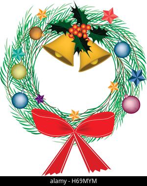 Illustration der Adventskranz aus Kiefer Blättern geschmückt mit roter Schleife, Holly Blätter und Beeren, Schneeflocken und goldenen Glocken Isol Stock Vektor