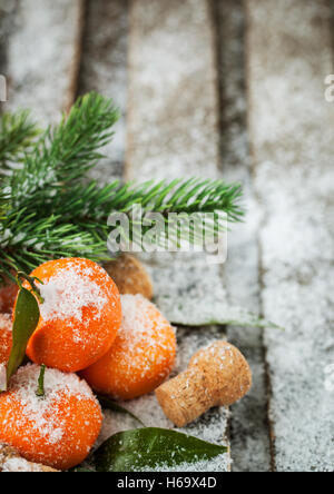 Frische Mandarinen mit Blättern auf einer Schnee bedeckten Tisch mit einem Zweig der Fichte Stockfoto