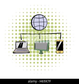 Globus mit Computer und Mobiltelefon-Comics-Symbol Stock Vektor