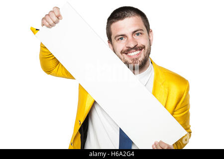 Geschäftsmann hält eine Textfreiraum, gekleidet in einem goldenen Anzug Stockfoto