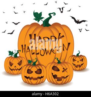Halloween, Kürbis, Fledermaus, Spooky, Blätter, Halloween-Hintergrund, isoliert, Gesicht, Vektor, Natur, beängstigend, Essen, Dekoration, Symbol Stock Vektor