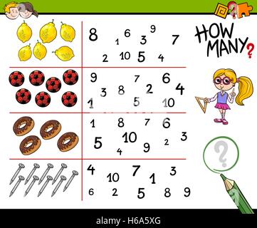 Cartoon-Illustration der Erziehungsarbeit zählen Aktivität für Kinder im Vorschulalter mit Objekten Stock Vektor