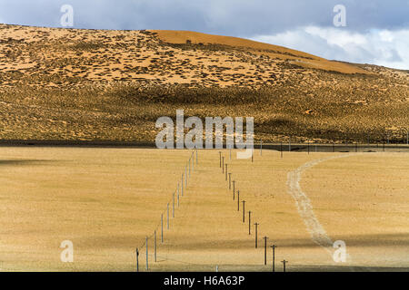 Himalaya-Landschaft mit elektrischen Polen im Rakshas Lake Valley. Tibet. China. Stockfoto