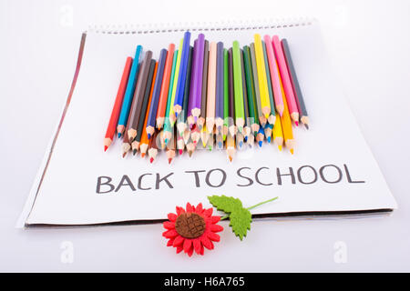 Farb-Stifte und gefälschte Blume und auf einem Notebook mit einem zurück zu Schule-Titel Stockfoto