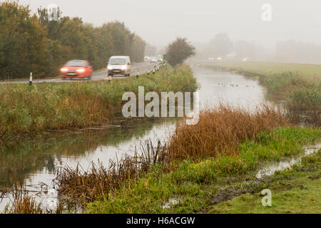 Willingham, Cambridgeshire, Großbritannien, 26. Oktober 2016. Autofahrer stellen eine trübe pendeln im Venn in Richtung Cambridge am Fluss unterwegs entlang der Old West River. Der Morgen begann mit Nebel und Nebel im Herbst. Kredit Julian Eales/Alamy Live-Nachrichten Stockfoto