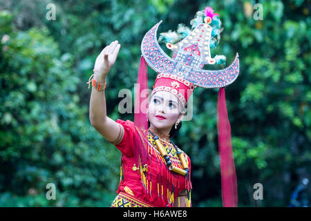 Toraja traditionelle Tänzer posieren für die Kamera mit farbenfrohen Tracht. Der Tanz namens Sanda Oni. Stockfoto