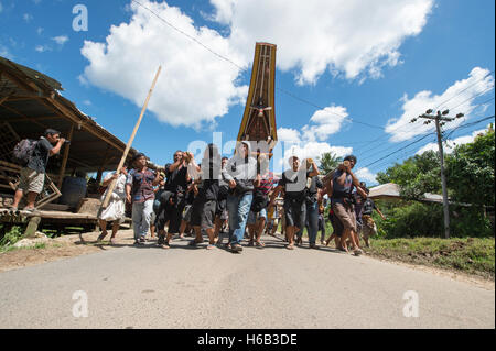 Familie und Verwandten parade den Sarg der besonderen Begräbnisplatz Patane in North Toraja, Indonesien genannt. Stockfoto