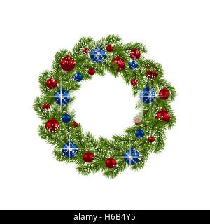 Adventskranz. Grünen Tannenzweigen mit roten und blauen Kugeln auf weißem Hintergrund. Weihnachtsschmuck. Abbildung Stock Vektor