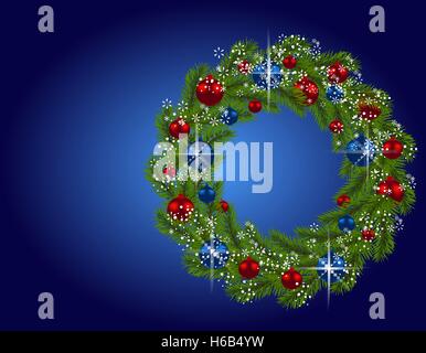 Weihnachtskarte. Adventskranz. Grünen Tannenzweigen mit roten und blauen Kugeln auf blauem Hintergrund. Weihnachtsschmuck. Abbildung Stock Vektor