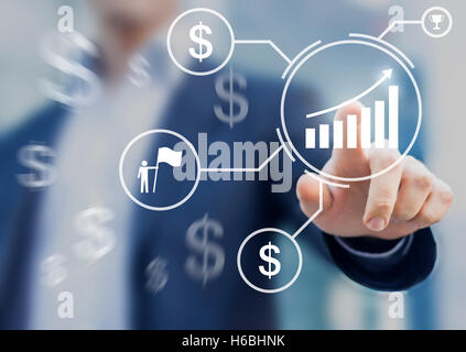 Erfolgreiches Geschäft mit Dollarzeichen und steigende Diagramm zeigt Anstieg des Ergebnisses Stockfoto