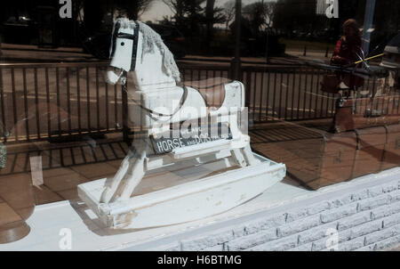 Worthing Views - Funny Horse and Dog freundliches Schild auf Rockinghorse im Schaufenster Stockfoto