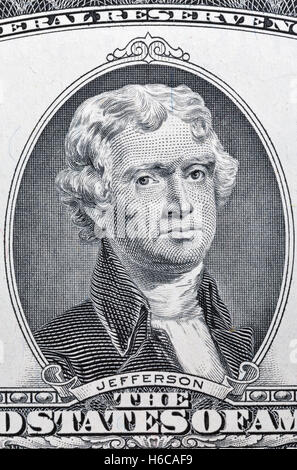 Die dritte US-Präsident Thomas Jefferson auf zwei-Dollar-Banknote Rechnung Makro, Vorderseite Vorderseite Porträt. Stockfoto