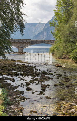 Sava Bohinjka Fluss fließt vom See von Bohinj in Slowenien. Triglav Nationalpark in den Julischen Alpen. Stockfoto