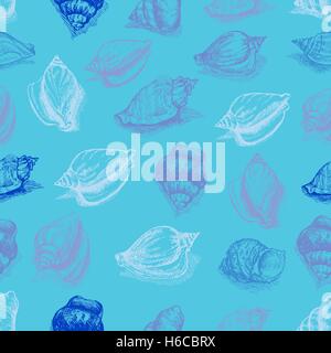 Vektor Musterdesign Skizze von Muscheln Ionen-blauen Hintergrund. Handgezeichnete Meerestiere Stock Vektor