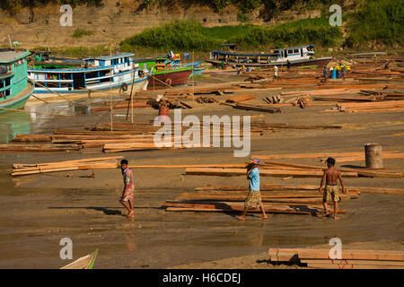 Asien, MYANMAR (BURMA), Sagaing Division, Kalywa, Chindwin Fluss, Sin Kaung Dorf, Strand mit hartem Holz aufgestapelt für den Verkauf Stockfoto