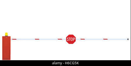 Nichtöffentliche Straße Barriere Closeup, Fahrbahn Gate Bar weiß rot Expressway Verkehrskontrolle Turnpike Maut und Fahrzeug Sicherheit Punkt isoliert Stockfoto