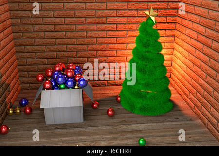 Weihnachtsbaum und eine Kiste voller Kugeln in der Raumecke, 3D-Rendering Stockfoto