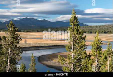 Gewitterwolken über Hayden Valley, Mount Washburn und dem Yellowstone River bei Sonnenuntergang im Yellowstone National Park schweben. Stockfoto