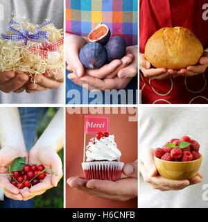 Collage, Set verschiedene Backwaren, Obst und Produkte hält in Händen Stockfoto