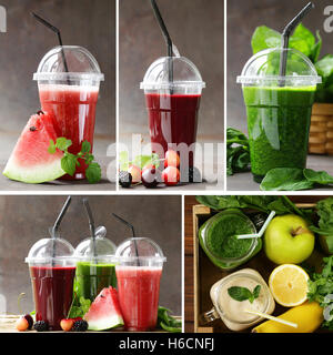 Collage setzen verschiedene frische Smoothies aus Obst und Gemüse Stockfoto