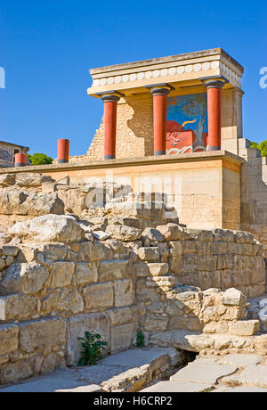 Teil der Wand mit dem Bull-Fresko im Palast von Knossos, die größte archäologische Stätte der Bronzezeit wiederhergestellt Stockfoto