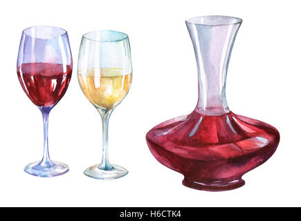 Karaffe, Gläser von rot- und Weißwein. Handgezeichnete Aquarell auf weißem Hintergrund. Stockfoto