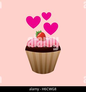 Cartoon Cupcake Schokolade rosa Sahne und Erdbeeren süß Herzsymbol Vektor-Illustration-design Stock Vektor