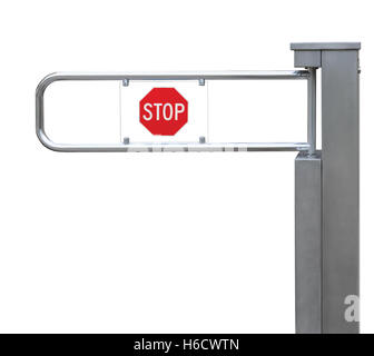 Eingang, Tourniquet, detaillierte Drehkreuz, Edelstahl, rotes Stoppschild, große isolierte Closeup Zugang Steuerungskonzept Stockfoto