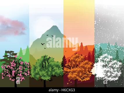 Four Seasons Banner mit abstrakten Wald und Berge - Vektor-Illustration Stock Vektor