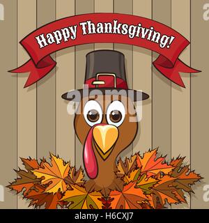 Thanksgiving-Emblem Design mit Türkei, Banner und Ahorn Blätter. Vektor-illustration Stock Vektor