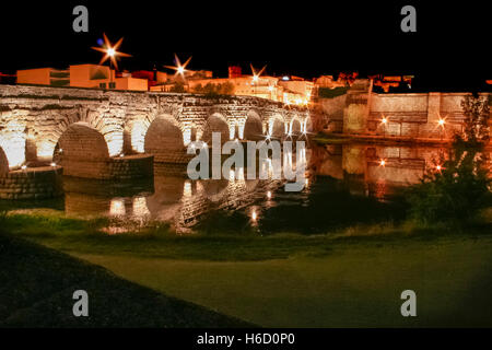 Römische Brücke und Alcazaba oder maurischen Festung in der Nacht, Merida, Spanien Stockfoto