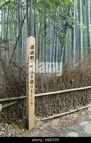 Pilar Signage in japanischen Wörtern als Sagano Bambuswald in Arashiyama, Kyoto, Japan Stockfoto