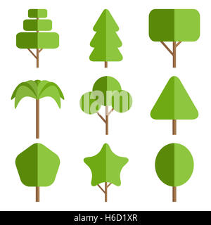 Verschiedene Bäume Kollektion im flachen Stil isoliert auf weiss. Baum-Icon-set Stockfoto