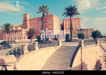 Italien, Sardinien, Cagliari, Il Castello alte Stadt, Bastione San Remy, Sonnenuntergang Stockfoto