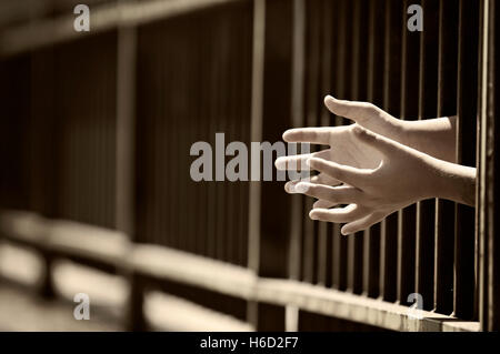 Kinderhand auf Käfig, flachen Dof. Stockfoto