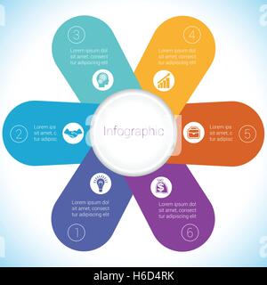 Blühen Sie Kamille Infografik Template bunte Blütenblätter sechs Positionen. Stock Vektor